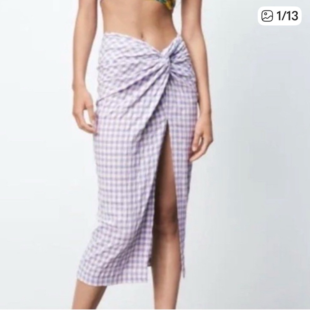 Zara Gingham Knot Plaid Knot Midi Skirt Sz Medium